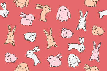 Cute bunny rabbit doodle hand drawing seamless pattern vector illustration