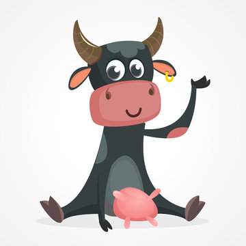 Funny black and white spotted cow character pointing to something, cartoon vector illustration isolated on white background. Funny cow character drawing attention to something