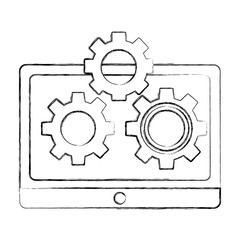 tablet computer and setting gears teamwork vector illustration sketch