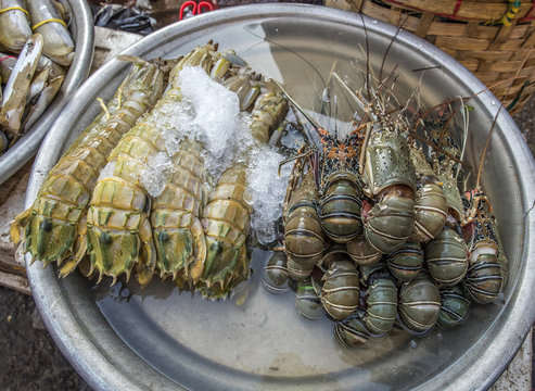 Myanmar, Yagon, crustaceans on the street market in the Chinese district
