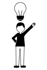 young man with hand up and light bulb isolated icon vector illustration design