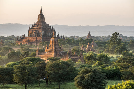 Myanmar, Mandalay area, Bagan archaeological site, view from the temple Pyathat Gyi at sunset