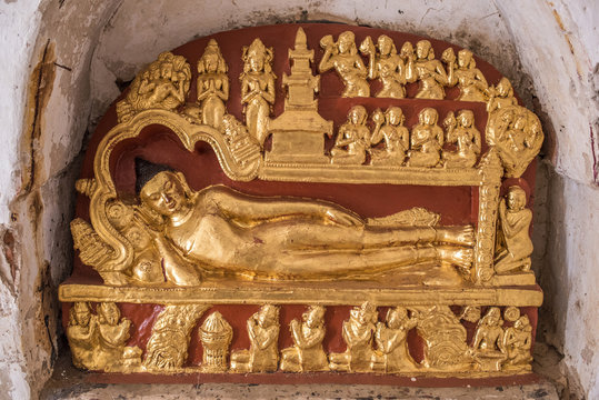 Myanmar, Mandalay area, Bagan archaeological site, reclining Buddha in pagoda Ananda