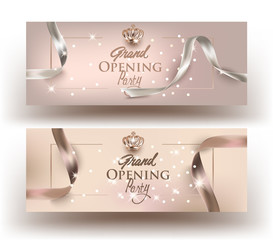 Grand opening invitation beige cards with frame and ribbons. Vector illustration
