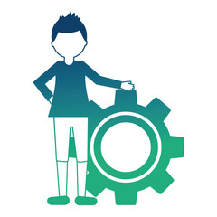 young man with gear machine isolated icon vector illustration design