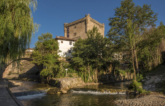 France, Cantabria, Pics d'Europe National Park, historical village of Potes, Road to Santiago de Compostela, Quiviesa and Deva rivers and El Infantado tower