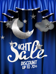 Vector illustration with silver moon and stars, clouds and theater curtains. Night sale