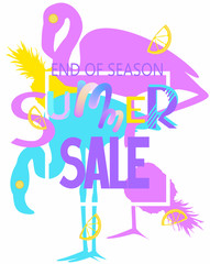 Summer sale abstract banner with bright letters and silhouettes of flamingo and pineapple. Vector illustration