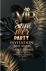VIP party elegant banner with tropical leaves, golden dust and crown. Vector illustration
