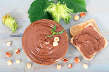 Melted chocolate hazelnut on bread slice, top view