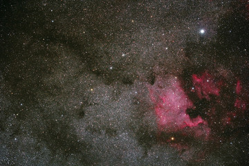 The Massif Central. Cantal. Plateau Trizac. The heart in the constellation Cygnus and North America nebula (NGC 7000) and Pelican, preserved under a sky light pollution.