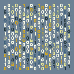 Streaming abstract binary code background with padlock. Data and technology, decryption and encryption. Coding or Hacker concept.