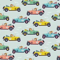 Wall murals Cars Cute car race seamless vector pattern.