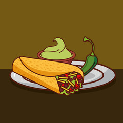 burritos guacamole and chili pepper in dish mexican food vector illustration