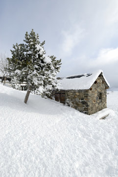France, Hautes Pyrenees, Aure Valley, sheepfold in the snow