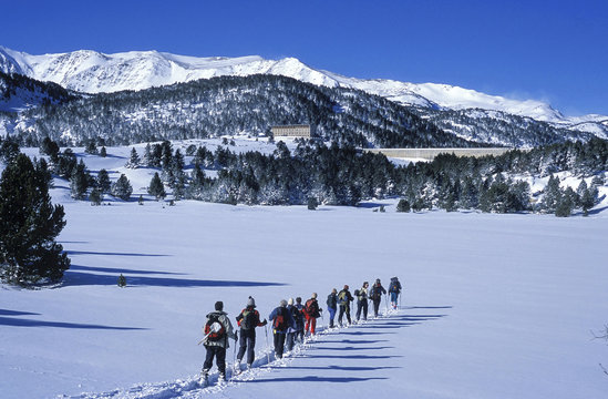 France, Pyrenees Orientales, Pyrenees Orientales regional park, Bouillouses heritage site, snowshoe hikers on the frozen pond Negre