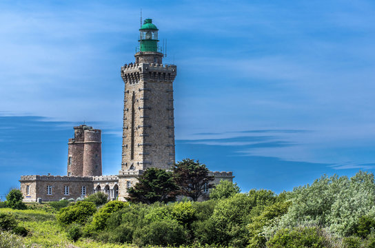 France, Brittany, Cotes d'Armor, Frehel Cape, remains pf the first Vauban Loghthouse (1702) and current lighthouse (1950)