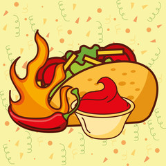 mexican food hot chili pepper taco and sauce tomato vector illustration