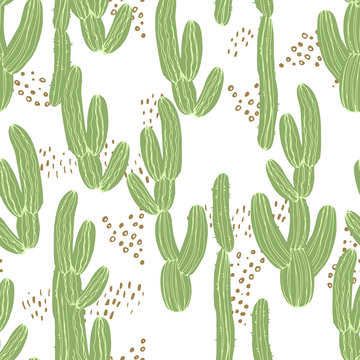 Beautiful hand drawn vector tile pattern of cacti in scandinavian style isolated on white. Simple sweet kids nursery illustration. Graphic design for apparel print.