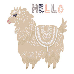 Beautiful hand drawn vector illustration of llama with lettering word hello in scandinavian style isolated on white. Simple sweet kids nursery illustration. Graphic design for apparel print.