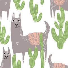 Beautiful hand drawn vector tile pattern of llama and cacti in scandinavian style. Simple sweet kids nursery illustration. Graphic design for apparel print.