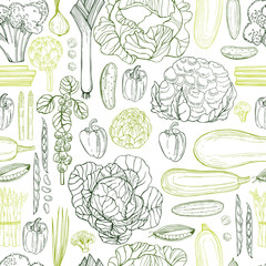 Hand drawn green vegetables on white background.   Vector seamless pattern