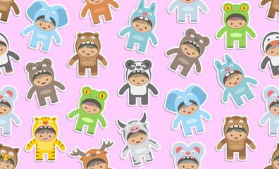Seamless pattern with kids in Animals costumes, flat style. isolated on pink background