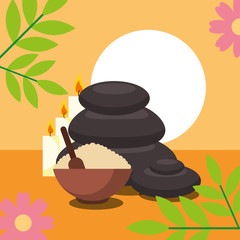 stone therapy peeling salt and candles flowers natural spa wellness vector illustration