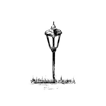 Small Garden Light. Solar Powered Lamp Drawing. Pencil Sketch Of Lantern. Hand Drawn Vector Illustration Of A Street Lamp On A White Background.