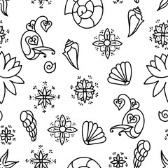 Sea life. Seamless underwater pattern. Hand drawn vector illustration. Seashells and doodle elements. Black line drawing isolated on white background.