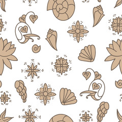 Sea life. Seamless underwater pattern. Hand drawn vector illustration. Seashells and doodle elements. Beige drawing isolated on white background.