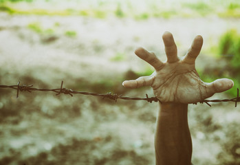 man hands hold the rusty sharp bare wire with hope longing,Human rights concept.color tone