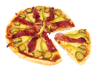 Pastrami meat and cheese topped pizza isolated on a white background