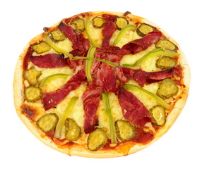Pastrami meat and cheese topped pizza isolated on a white background