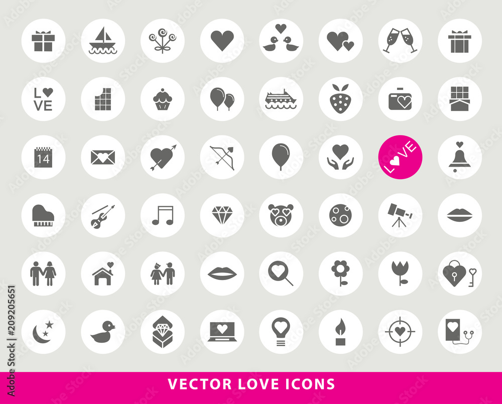 Poster set of elegant universal black minimalistic solid love icons on circular colored buttons on grey bac