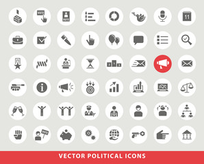 Set of Elegant Universal Black Minimalistic Solid  Political Icons on Circular Colored Buttons on Grey Background