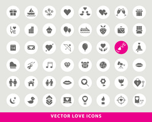 Set of Elegant Universal Black Minimalistic Solid Love Icons on Circular Colored Buttons on Grey Background