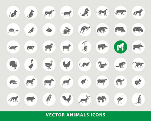Set of Elegant Universal Black Minimalistic Solid Animals Icons on Circular Colored Buttons on Grey Background