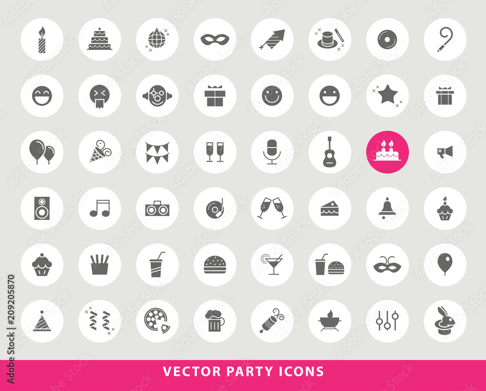 Aufkleber set of elegant universal black minimalistic solid party icons on circular colored buttons on grey ba