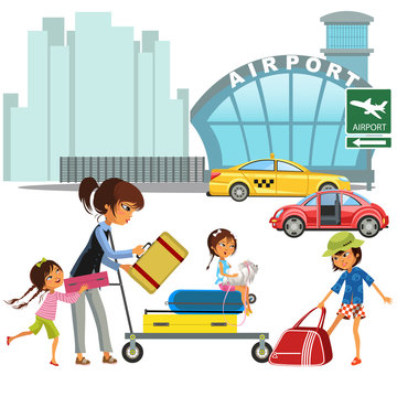 Family woman with girls in taxi waiting transfer to airport. Mom with three children carrying trolley with luggage on city street near red car vector illustration