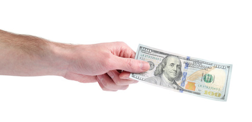outstretched hand with one hundred dollars on a white background