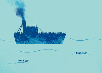 Nave con profughi a bordo che richiedono aiuto. Mare con persone in acqua che chiedono aiuto. Migranti che attraversano il mare