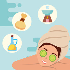 woman with towel on head compress aroma and oil spa wellness vector illustration