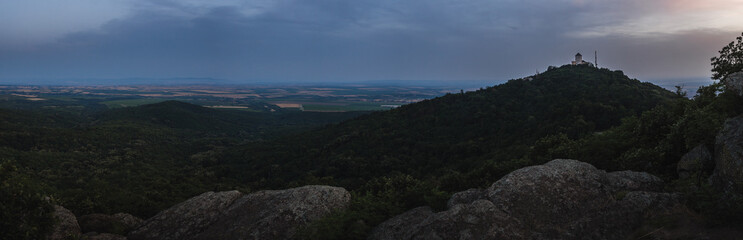 View on a panonian plain at sunset. Banat, Vojvodina, Serbia. Panorama.