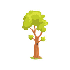 Humanized forest tree with upset face expression. Cartoon character of park plant with bright green foliage. Flat vector design