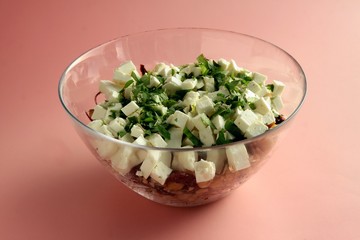 tasty vegetable salad with cheese and chick peas