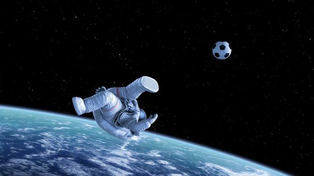 Bicycle Kick, Astronaut Shoots on Goal in Outer Space. Beautiful Abstract 3d animation. 4K