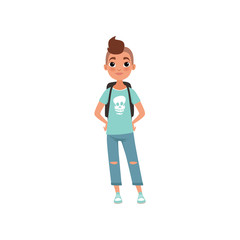 Fototapeta premium Schoolboy, student of school with backpack, stage of growing up concept vector Illustration on a white background