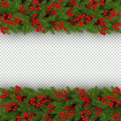 Christmas banner template with horizontal border of realistic branches of Christmas tree and holly berries