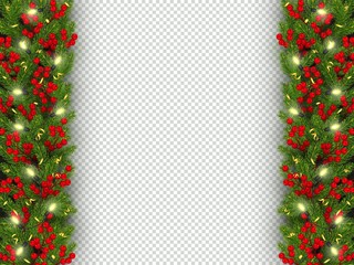 Christmas and New Year banner of realistic branches of Christmas tree, garland with glowing lightbulbs, holly berries, serpentine